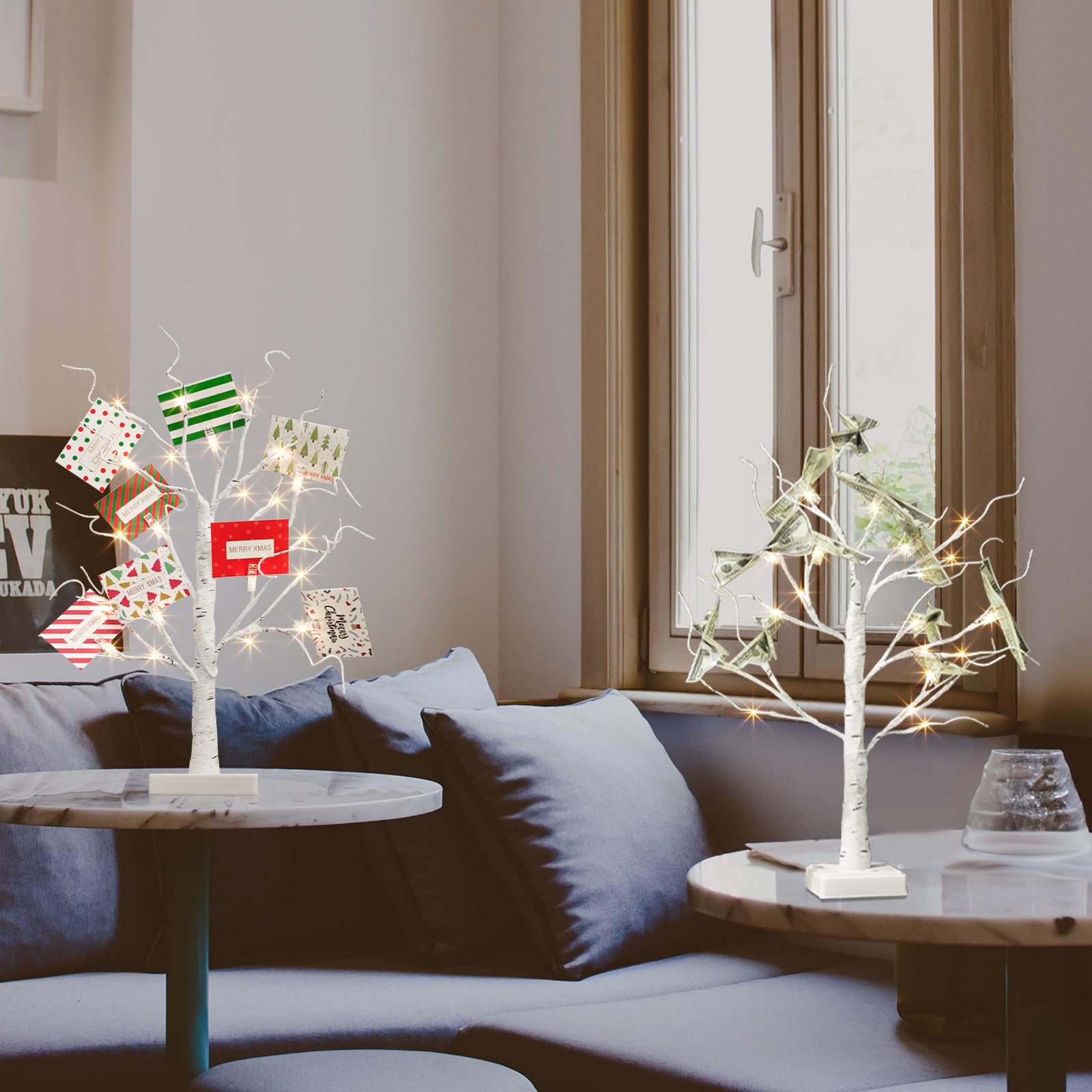 EAMBRITE Christmas Tree with Gift Cards, Money Tree Gift Holder, White Lighted Birch Tree Tabletop 2 FT 24 LED, Light Up Display